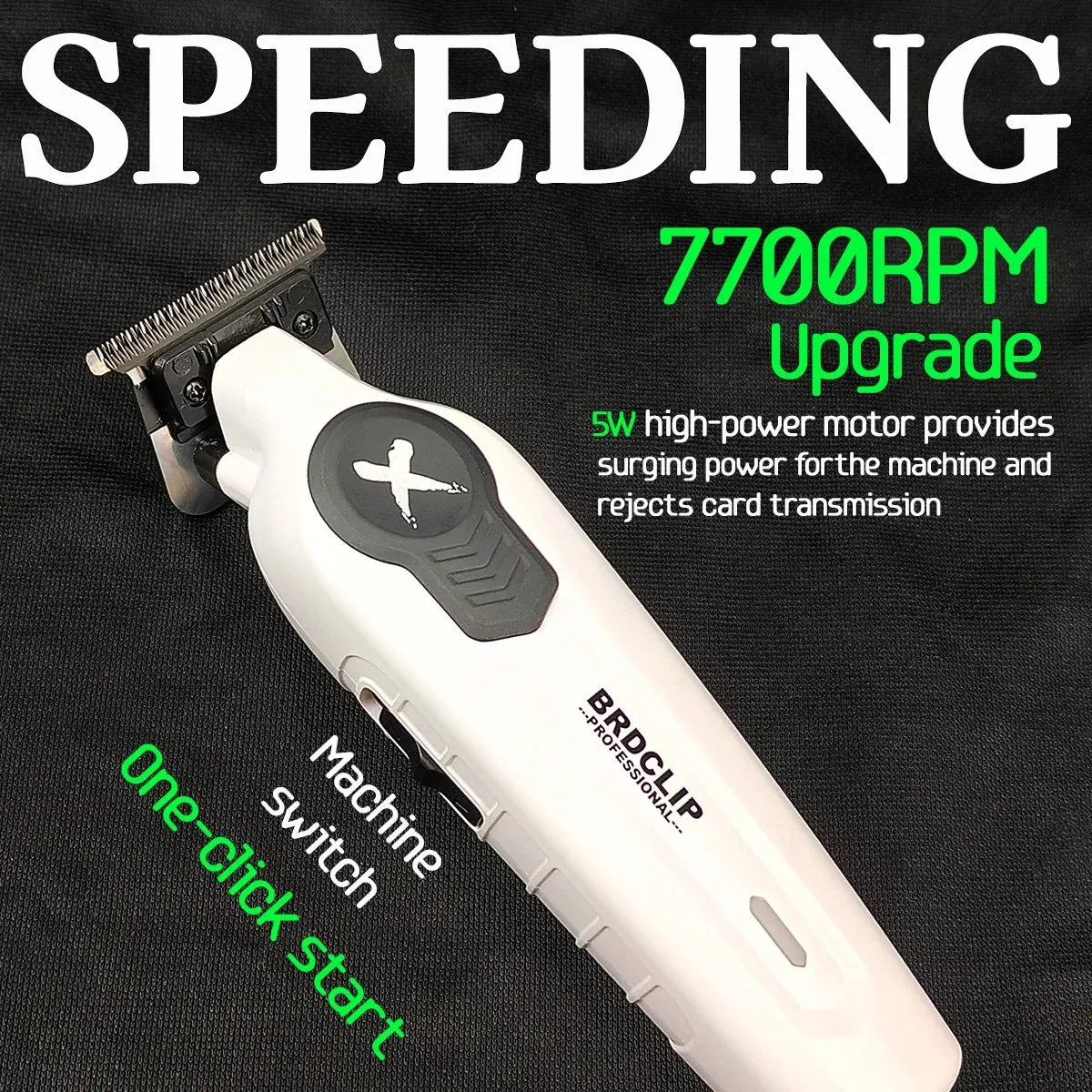 Hair trimmer with text highlighting features on a black background