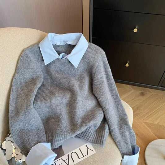 Loose irt Collar Sweater Women's Autumn Winter Faion Casual Color Blo Fake Two-Piece Knitwear Design Sweet Sle  C...