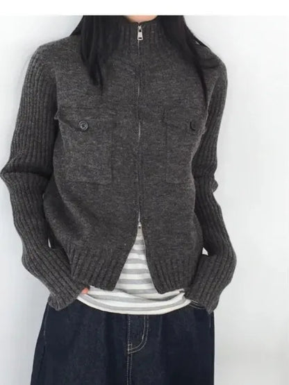 Korean Sle Lazy Thiened Knitted Sweater Coat Women's Autumn Winter Anti-Aging High Collar ort Length Vintage Top