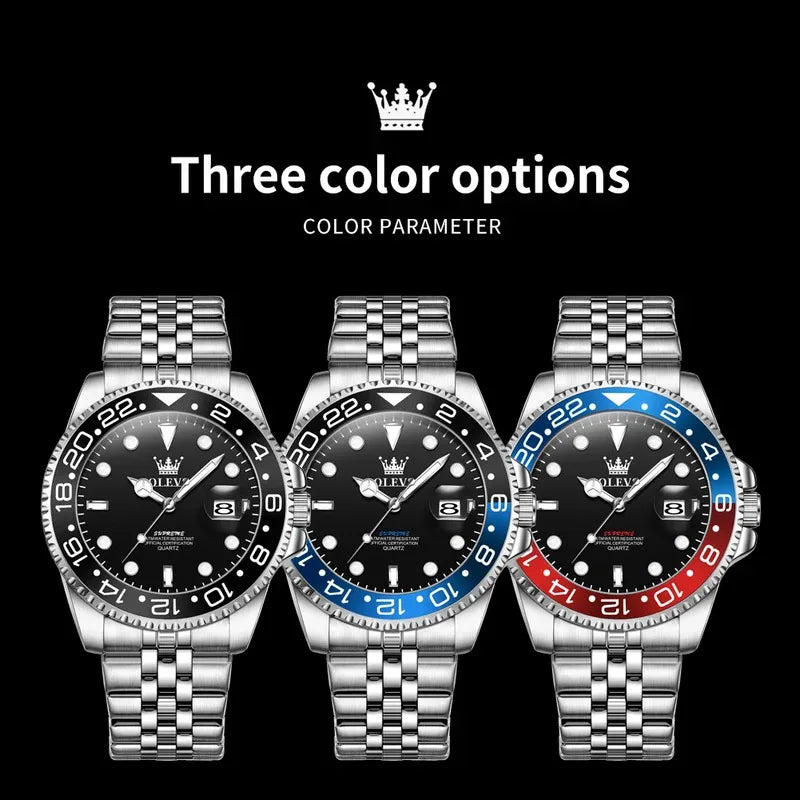 Three watches with different colored bezels on a black background
