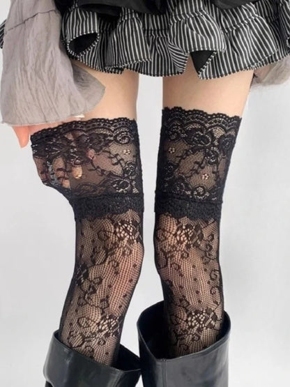 Women's Sexy Lace Trim Nylon Fishnet Stockings Retro Floral Sweet Mesh Breathable Thigh High Long Socks JK Over The Knee Socks