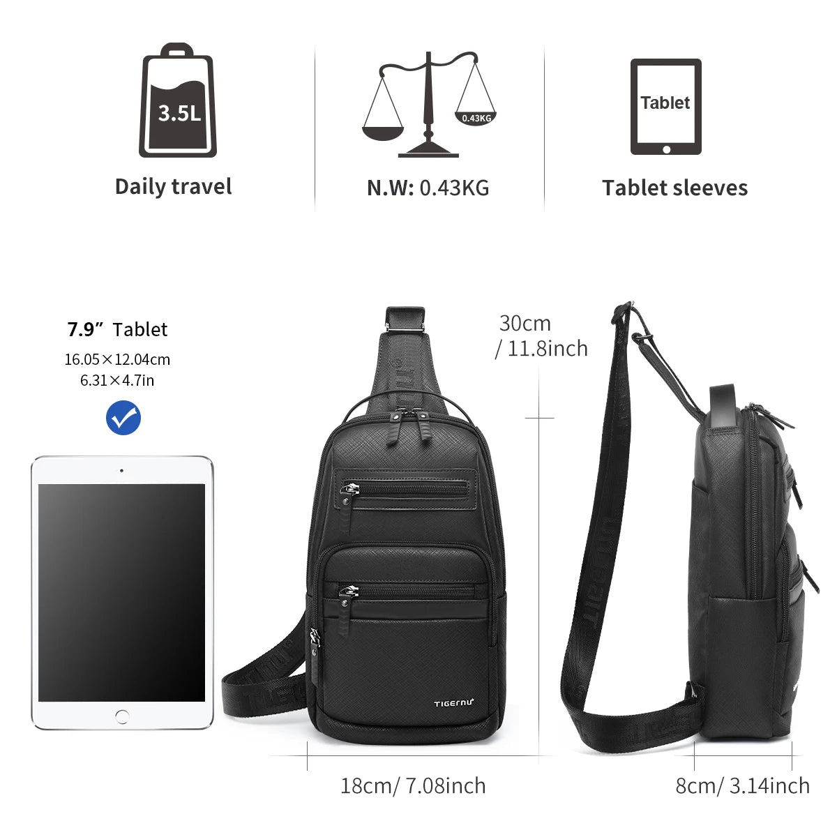 Black sling bag with measurements and features on a white background