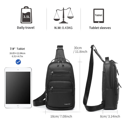 Black sling bag with measurements and features on a white background