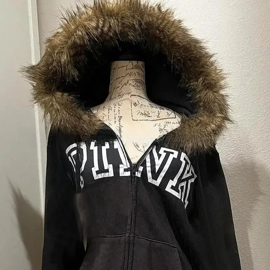 Fur Collar Zip Cardigan Sweatshirt Loose Fleece Outerwear