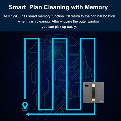 Diagram of a window cleaning device with text about smart memory function on a dark blue background.