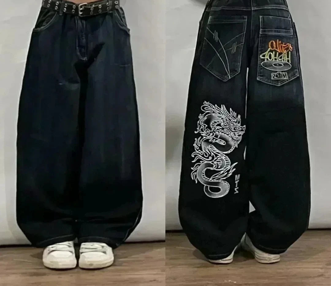 Street Fashion Trend Totenkopf bestickte Jeans Damen Harajuku Y2K Neue Hip Hop Joker Straight Wide-Leg Hosen Paar Freizeitjeans