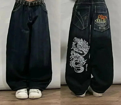 Street Fashion Trend Totenkopf bestickte Jeans Damen Harajuku Y2K Neue Hip Hop Joker Straight Wide-Leg Hosen Paar Freizeitjeans