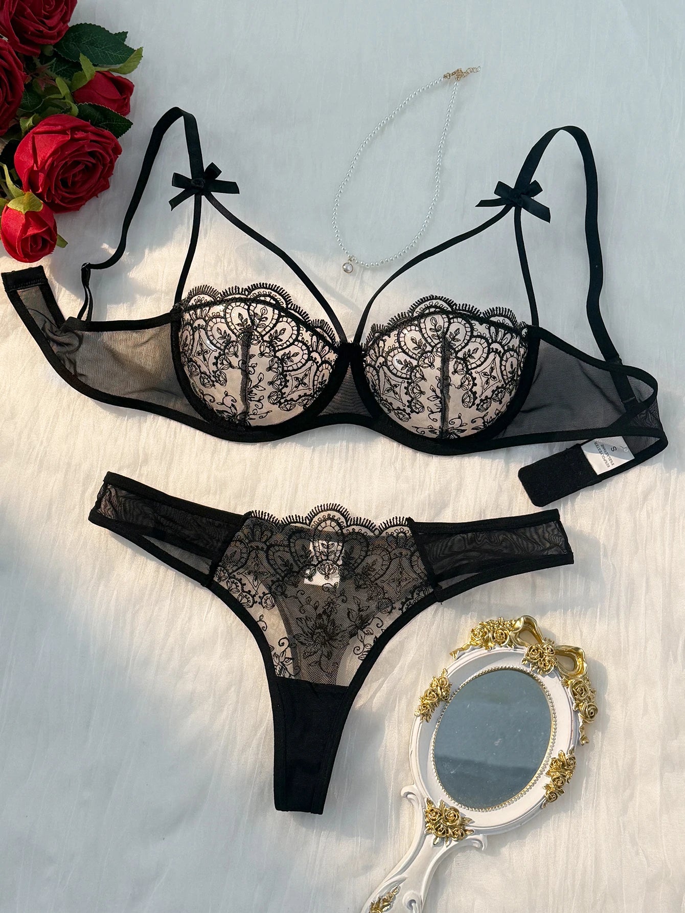 2-piece women's black comfortable lightweight bow semi transparent lingerie set ZA824057