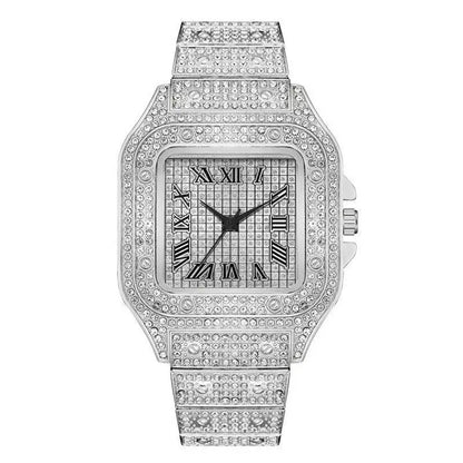 Silver watch with diamond-studded case and band on a white background