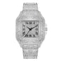 Silver watch with diamond-studded case and band on a white background