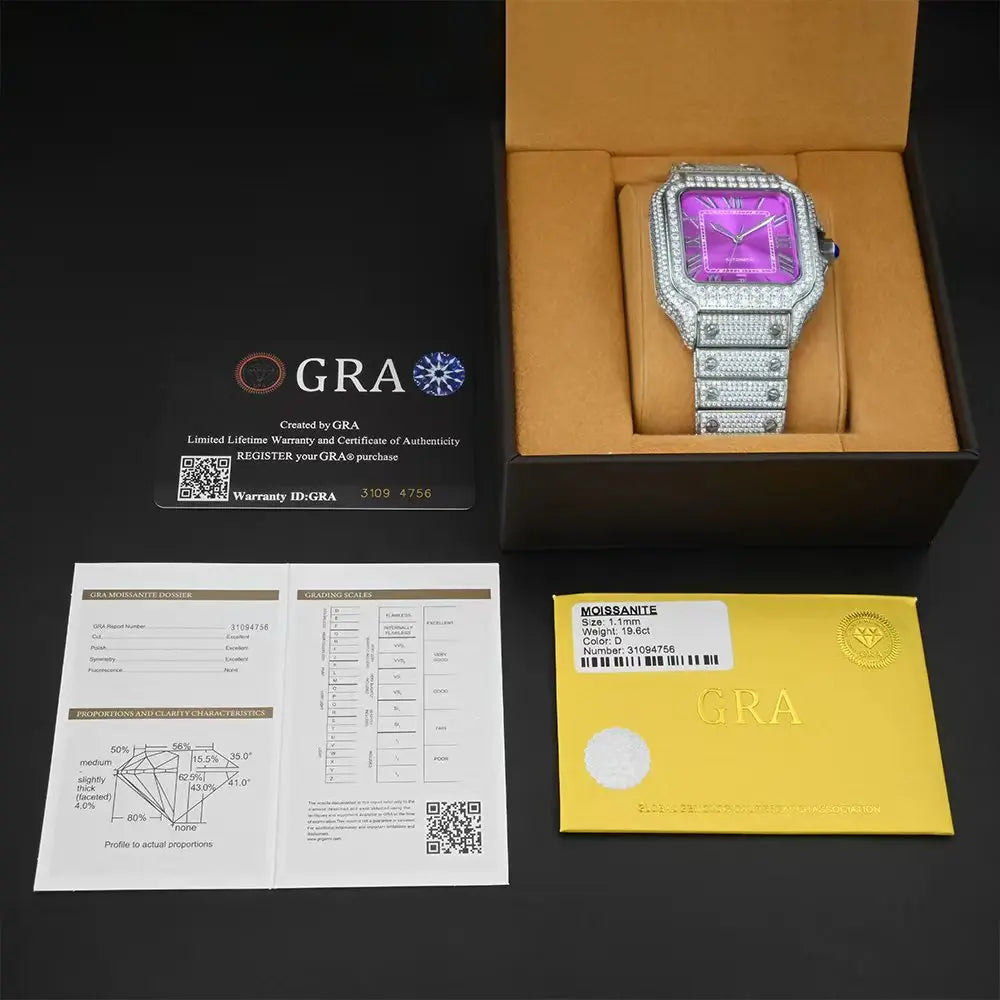 Luxury watch with GRA certification and packaging on a dark background