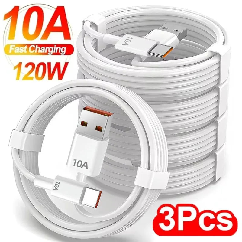 1-3PCS Quick Charging Cable 120W 10A USB A To Type C Fast Charger High-speed Data Transfer Wire Cords for Samsung Xiaomi Huawei