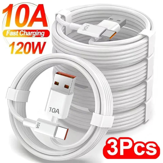 1-3PCS Quick Charging Cable 120W 10A USB A To Type C Fast Charger High-speed Data Transfer Wire Cords for Samsung Xiaomi Huawei