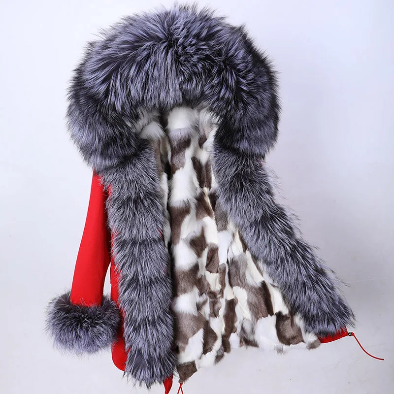 Maomaokong 2022 Winter Long Jacket Real Fur Coat Women Clothes Large Fur Collar Detachable Natural Fox Lining Parkas Leather Fur