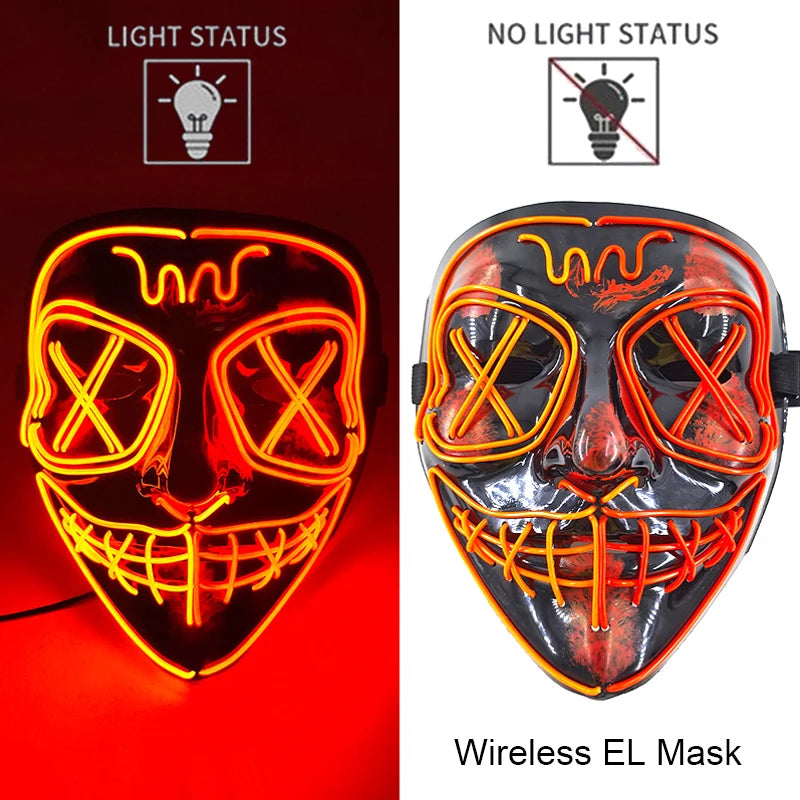 Drahtlose Neon-LED-Reinigungsmaske, im Dunkeln leuchtende Cosplay-Horrormaske, Halloween-Maskerade-Partymasken, leuchtende, lustige Verkleidung