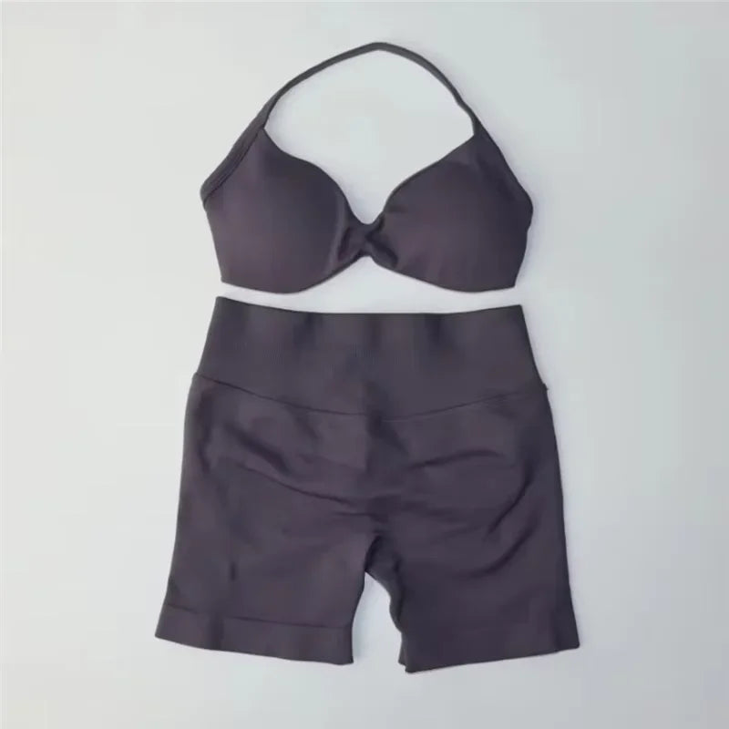 2Pcs Impacts Gym Set Tank Tops High Waist Scrunch Seamless Shorts Gym Suit Fitness Clothes Activewear Workout