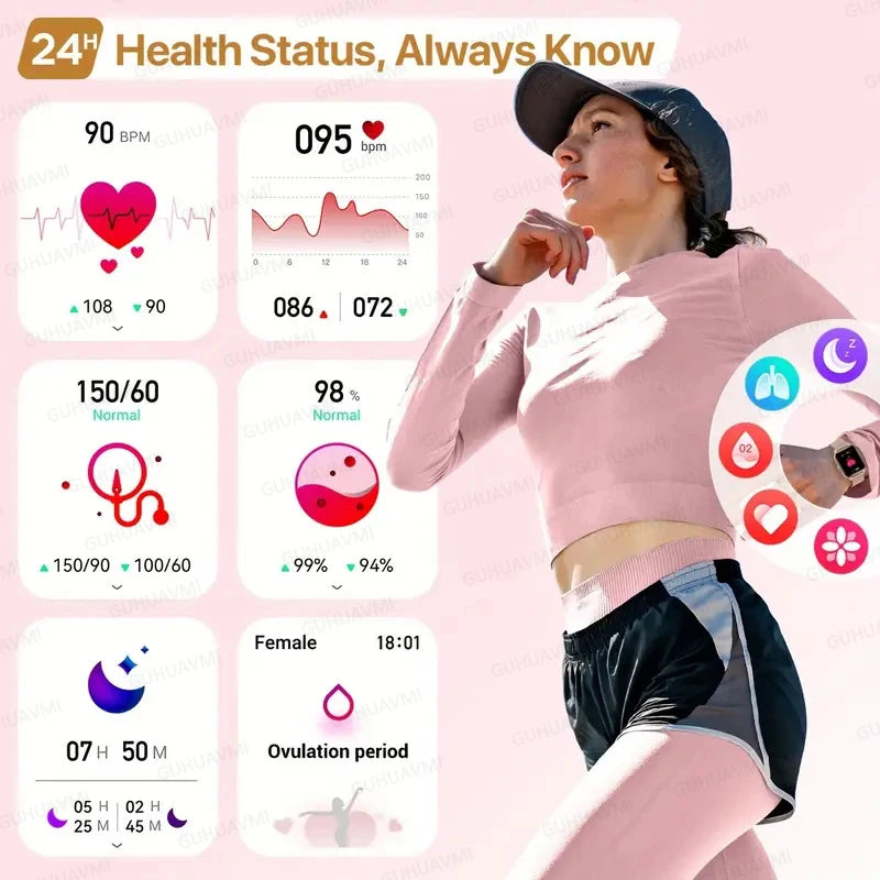 Woman wearing a smartwatch with health status display on a pink background