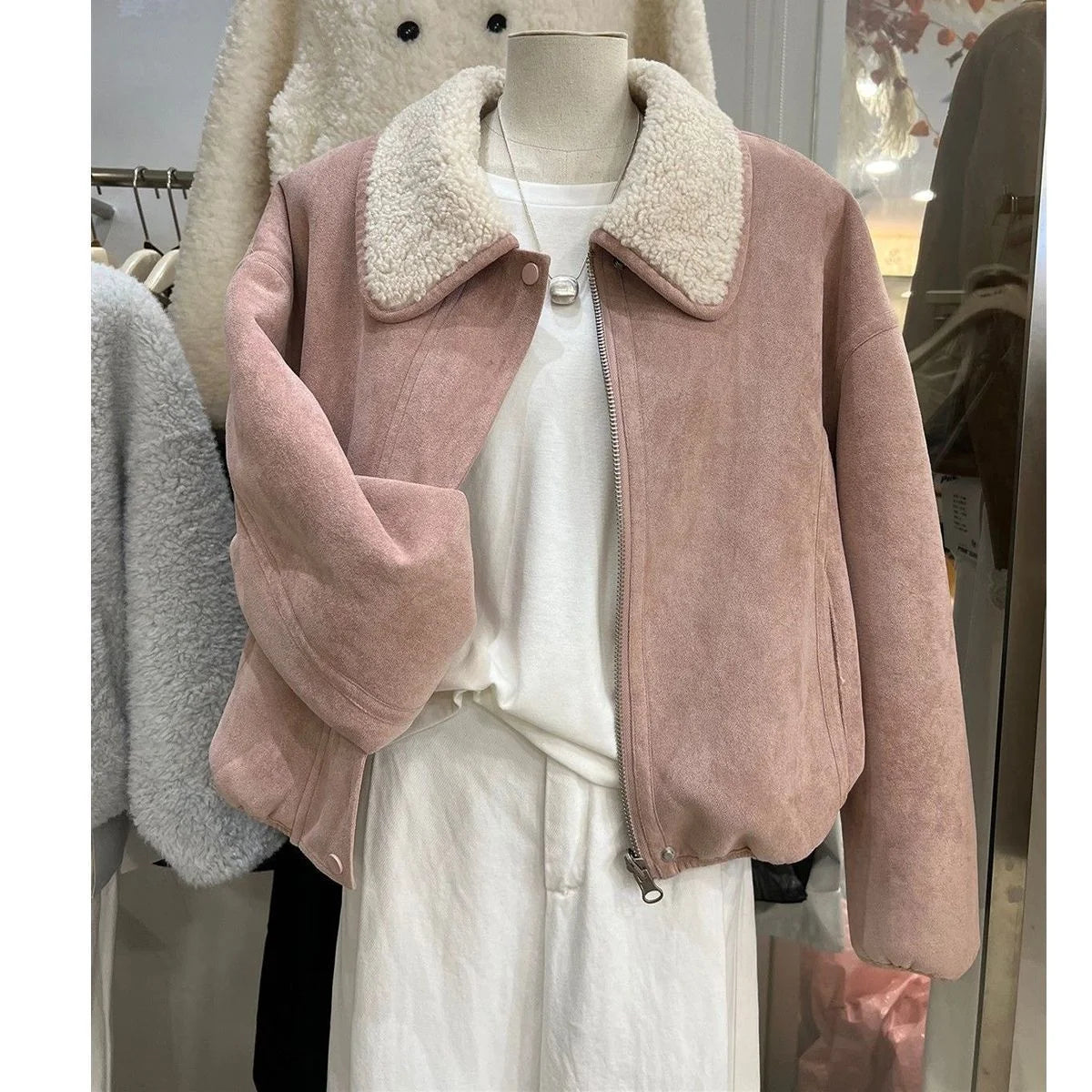 Double-Sided Wear Suede Lamb Fur Collar ort Jaet Women's Winter Warm Inteated Leather Fur Zipper Closure Casual Coat