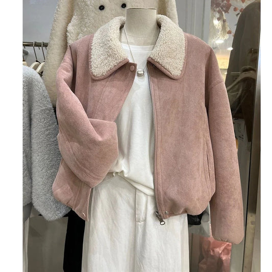 Double-Sided Wear Suede Lamb Fur Collar ort Jaet Women's Winter Warm Inteated Leather Fur Zipper Closure Casual Coat