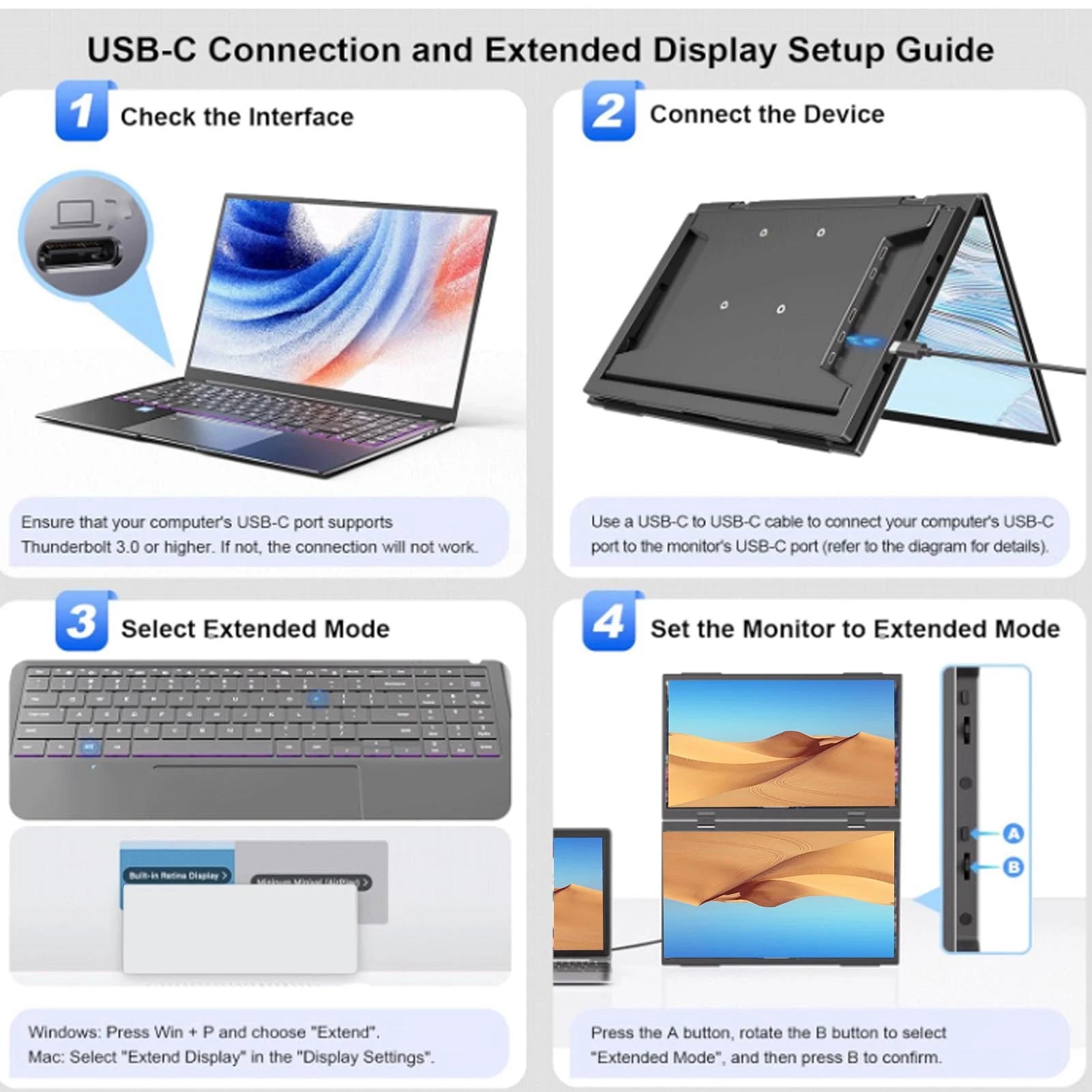 Step-by-step guide for USB-C connection and extended display setup on a white background