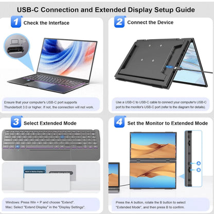 Step-by-step guide for USB-C connection and extended display setup on a white background