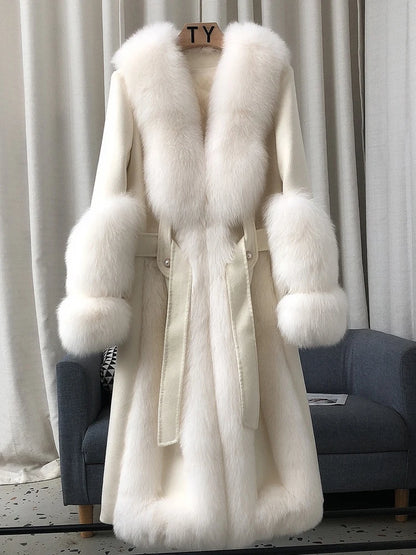2025 Neue Winter Damen Natur Fuchspelzkragen Langer Weißgänse-Daunenjacke Wollmantel Warmer Mantel Dicke Luxuriöse Damenmäntel