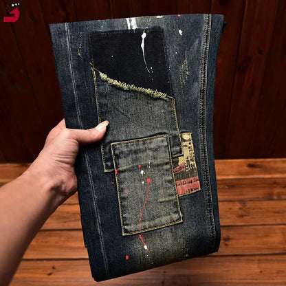 Men's Slim Straight Retro Patchwork Denim Jeans