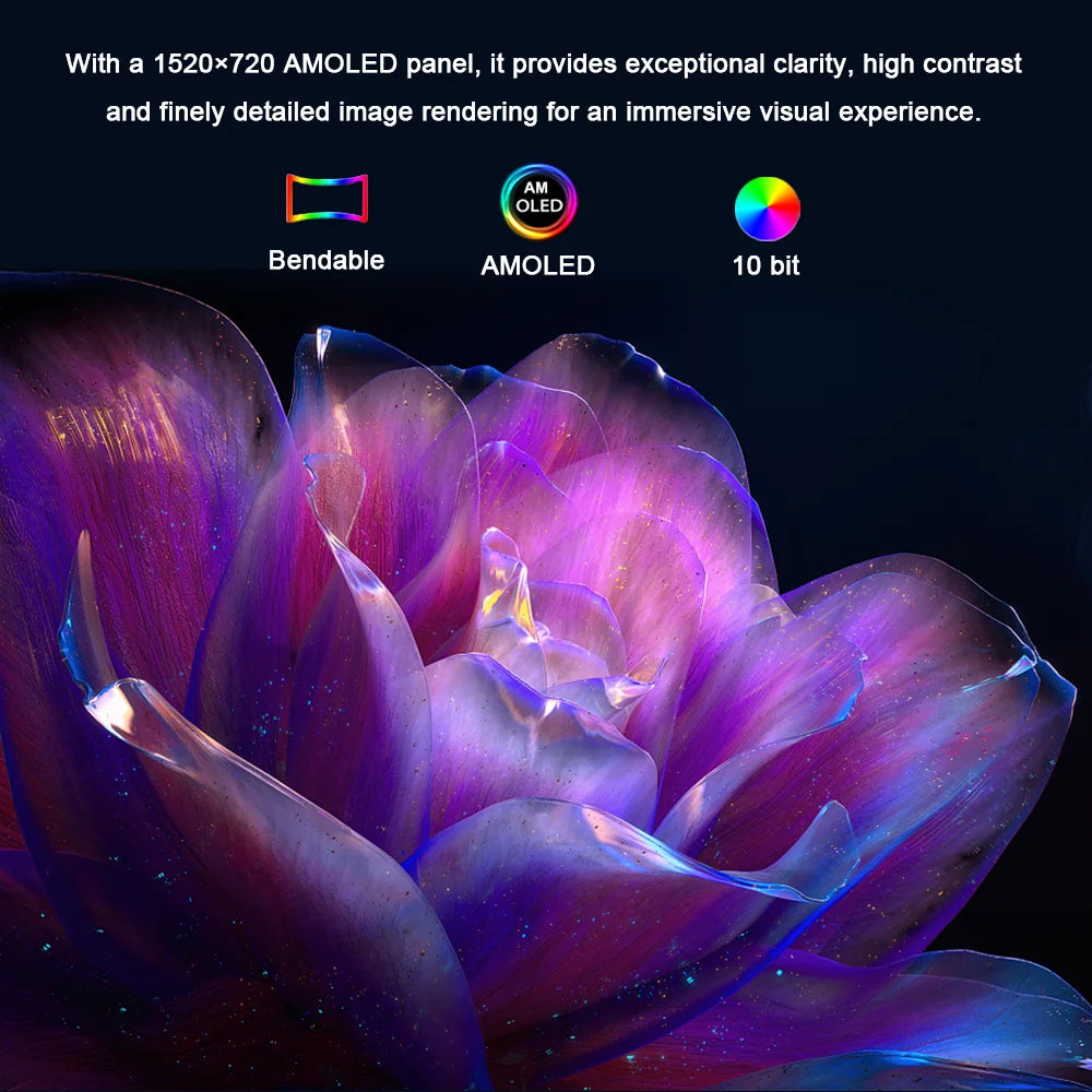 AMOLED panel with a flower graphic and text about its features