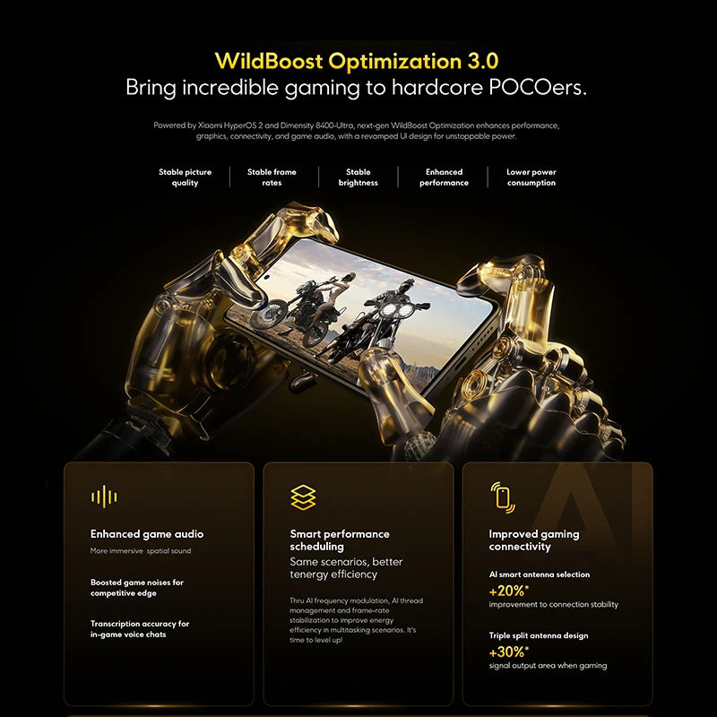 Advertisement for WildBoost Optimization 3.0 with a phone held by hands, showcasing gaming features on screen.
