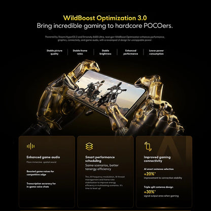 Advertisement for WildBoost Optimization 3.0 with a phone held by hands, showcasing gaming features on screen.