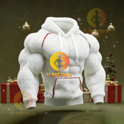 Men's Casual Sports Hoodie Fleece Lined Chest Muscle Print Long Sleeve Loose Fit Polyester Fiber Digital Print Hooded Sweatshirt