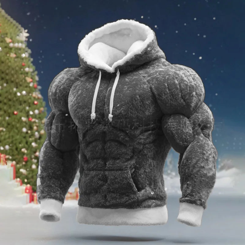 Men's Casual Sports Hoodie Fleece Lined Chest Muscle Print Long Sleeve Loose Fit Polyester Fiber Digital Print Hooded Sweatshirt