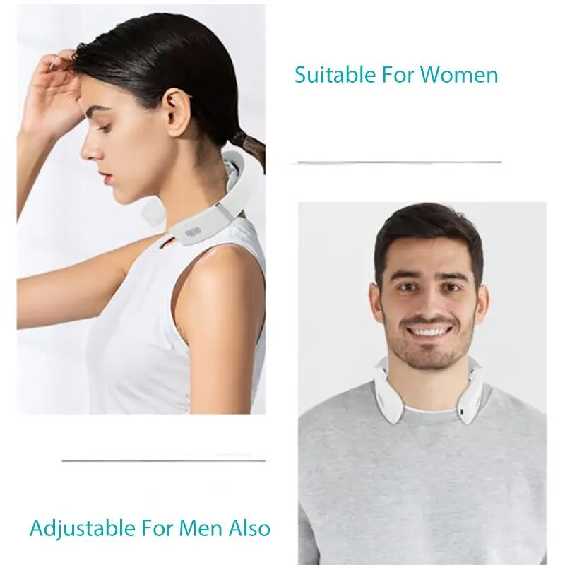 Two people wearing collared shirts with text indicating suitability for women and adjustability for men.