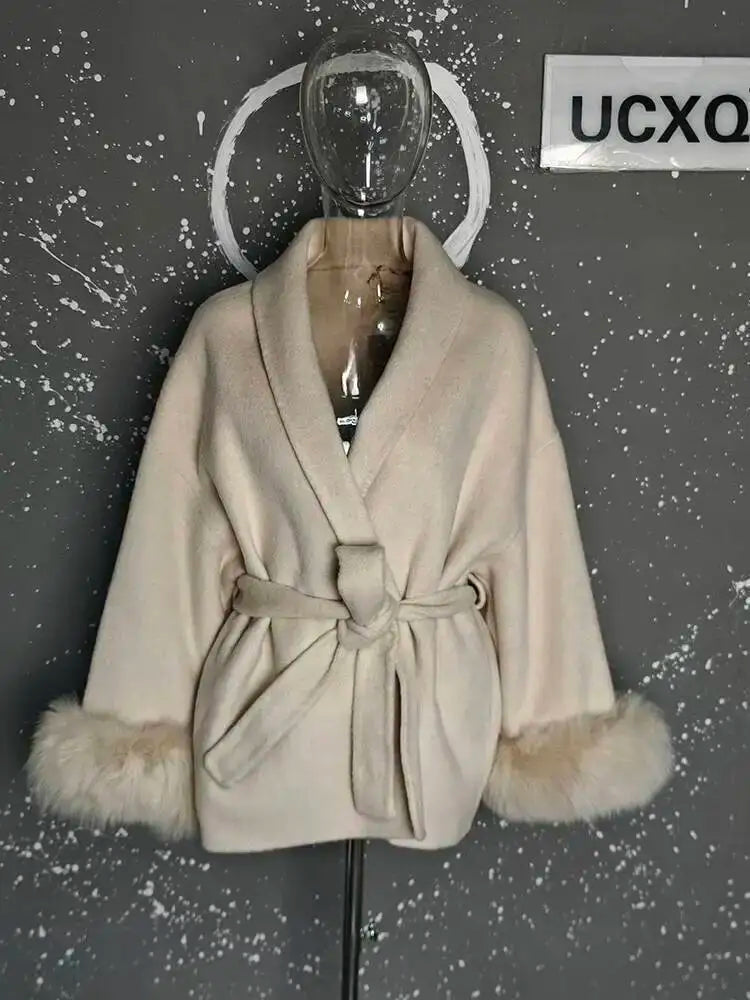 UCXQ Eleganter OL Business-Mantel Pelz-Patchwork Langarm Wollmantel Schöne Damenbekleidung Jacke Herbst 2025 Winter