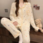 Pink Bow Dtie Design Pajamas for Women Long Sleeve Top & Elastic Waist Pants Pajamas Set Style Casual New Home Wear
