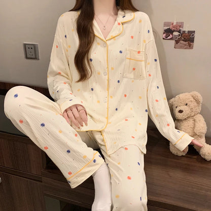Pink Bow Dtie Design Pajamas for Women Long Sleeve Top & Elastic Waist Pants Pajamas Set Style Casual New Home Wear