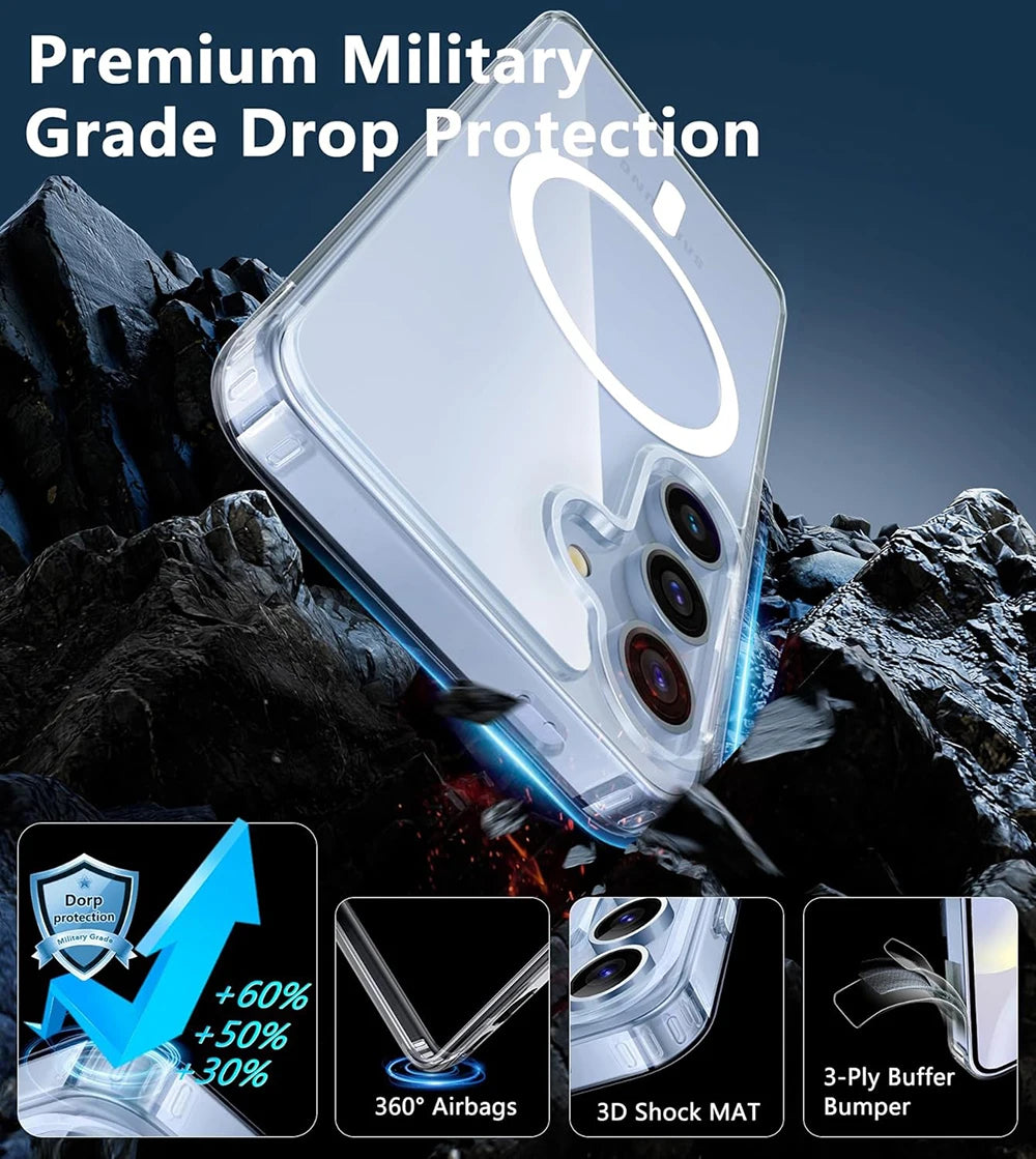 Phone case with military grade drop protection features on a rocky background