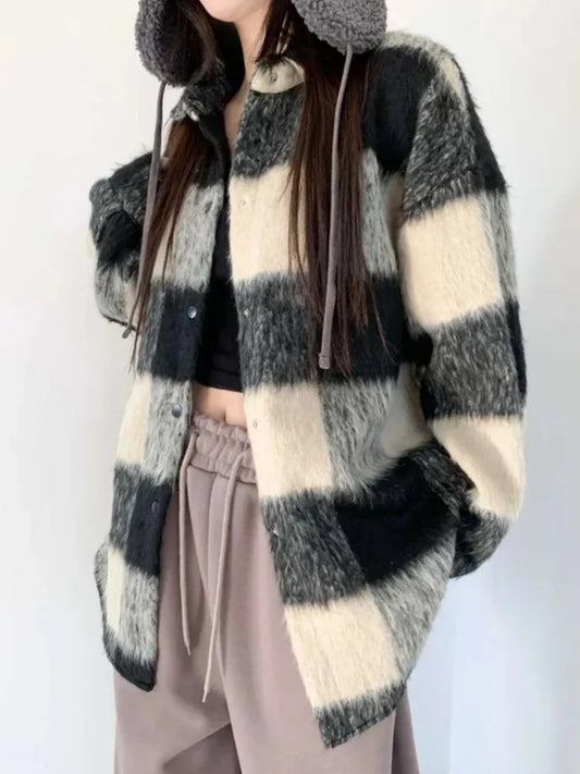 Chic Autumn Winter Thiened Warm Long Sve Women's Woolen Coat Casual Sle Loose Fit Plaid Pattern Button Detail irt