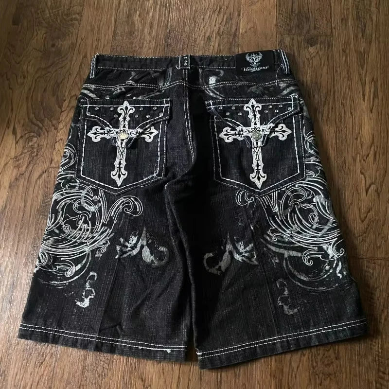 Amerikanische Retro Gothic Damen Denim Shorts Muster Stickerei Loose Unisex Shorts Y2K Printing Korean Casual Fashion Paar Shorts