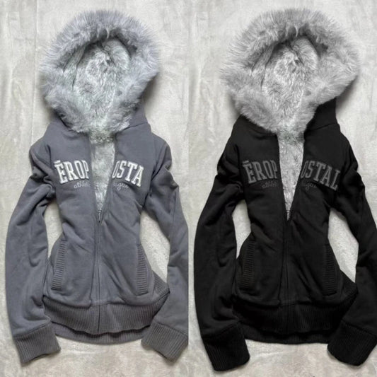 Fur Collar Zipper Hoodie Kawaii Tops Jacket Slim