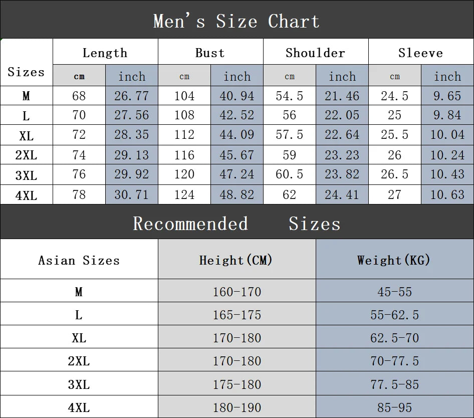 Men's size chart with measurements in centimeters and inches, and recommended Asian sizes with height and weight ranges.