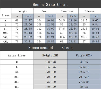 Men's size chart with measurements in centimeters and inches, and recommended Asian sizes with height and weight ranges.
