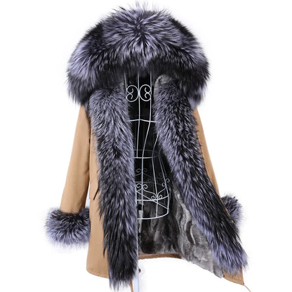 MAOMAOKONG 2023 Abnehmbarer Echtfuchs Pelzkragen Mäntel Damen Winterjacke Kapuze Kaninchenfellfutter Lange Parkas Damenbekleidung