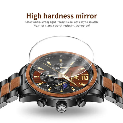 OLEVS Herrenuhr Top Business Quarzuhr Massivholz Multifunktions-Chronographenuhr Mondphase Reloj Neu