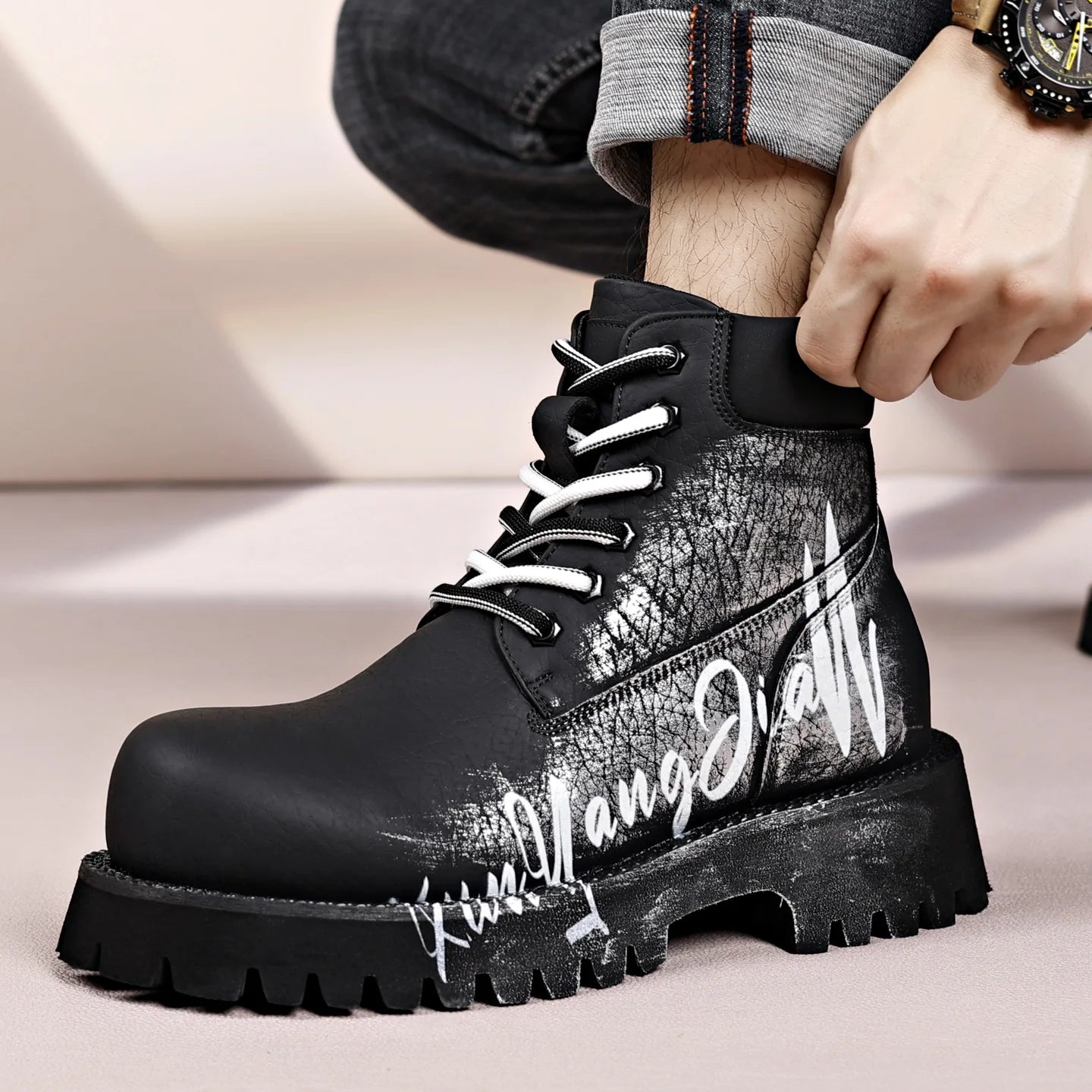 Men's High-Top Graffiti Tooling Boots | Thick Sole