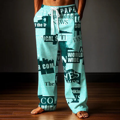 Herren Hose 2025 mit Zeitungsbuchstaben-Print, Baggy Fit, Freizeithose, Mid Waist, elastischer Kordelzug, Streetwear, Herbst