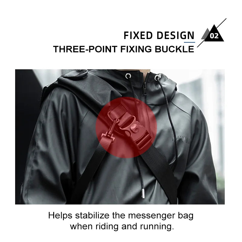 Person wearing a black raincoat with a red circle highlighting a three-point fixing buckle on a white background.