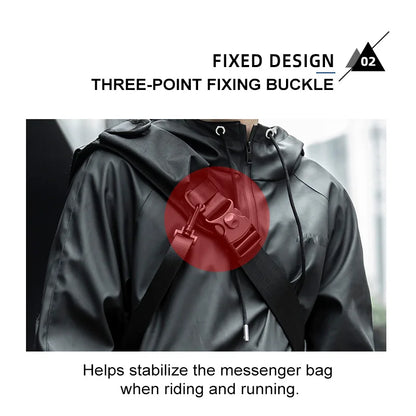 Person wearing a black raincoat with a red circle highlighting a three-point fixing buckle on a white background.