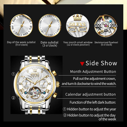 OLEVS Luxuriöse automatische mechanische Uhren für Herren, Skelett-Unruh-Kalender-Woche, Business-Herrenuhr, ausgehöhlte Herrenuhren