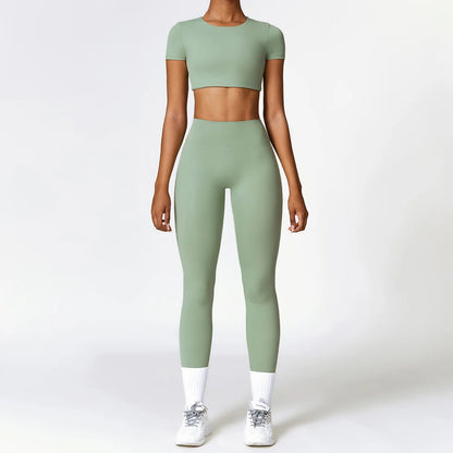 2PCS Yoga Set Women Gym Clothing Fitness Workout Set Sportswear Female Long Sleeve Crop Top High Waist Leggings Sports Suits